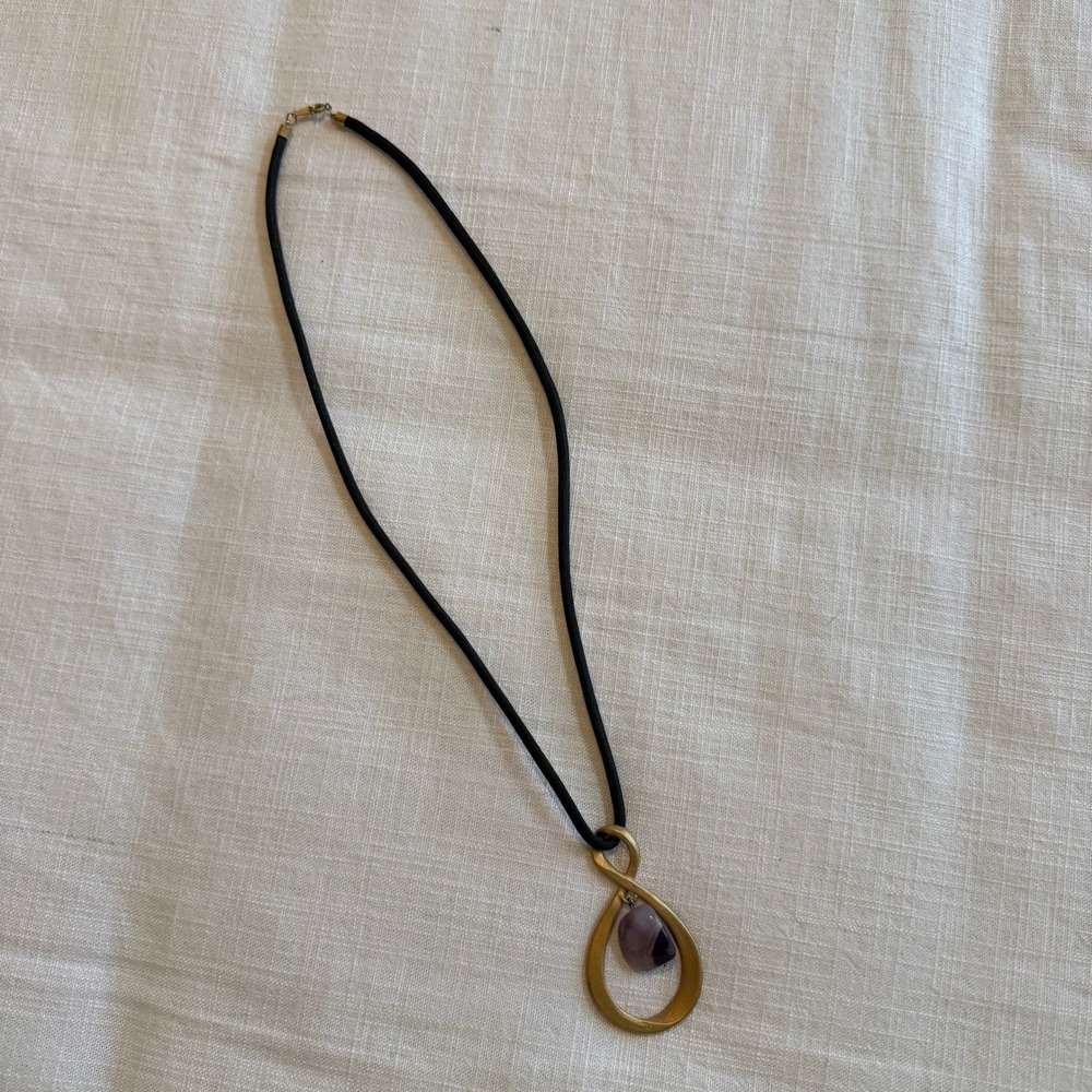 Amethyst Stone Infinity Loop Pendant Necklace Gold Tone Black Cord Minimalist